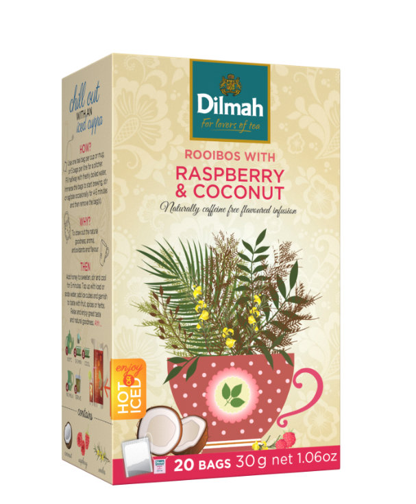 Dilmah Raspberry & Coconut – Vörös rooibos, málna – kókusz főzet 20×1,5g