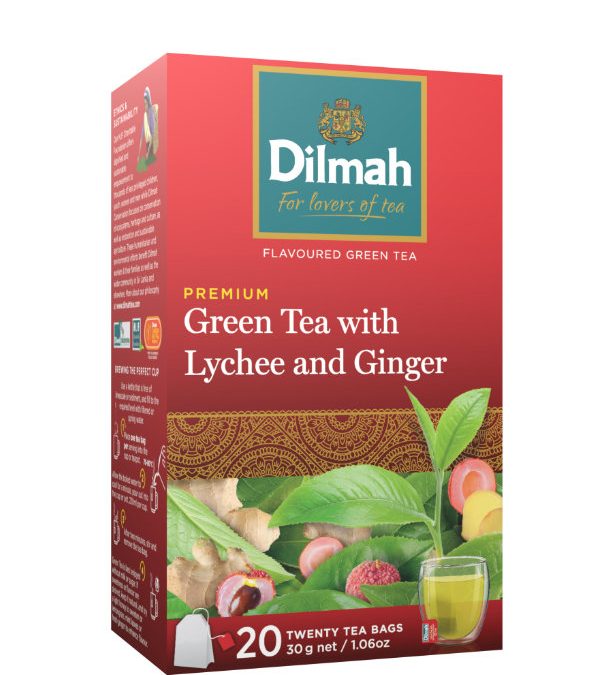 Dilmah Green Tea with Lychee & Ginger zöldtea aromazáró dobozban, 20×1,5g